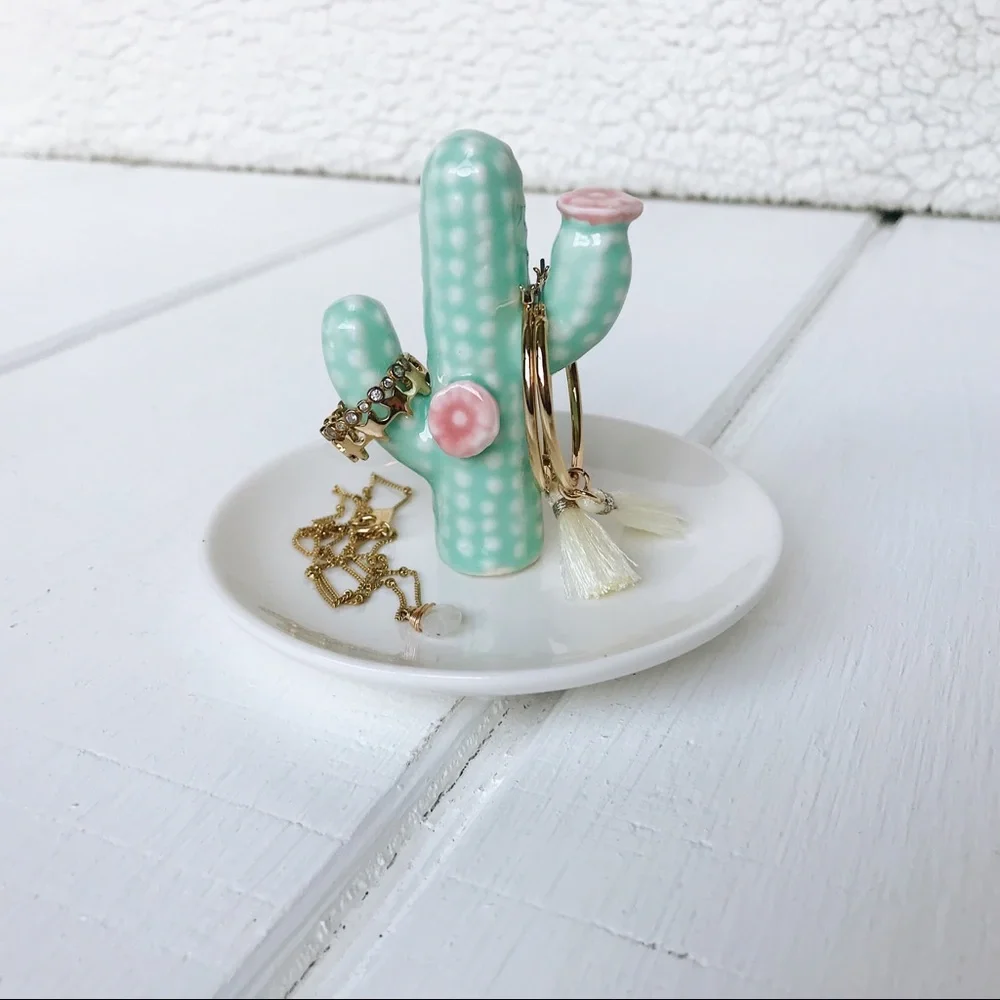 Anthropologie Mint Green & Pink Cactus Jewelry Ring Holder